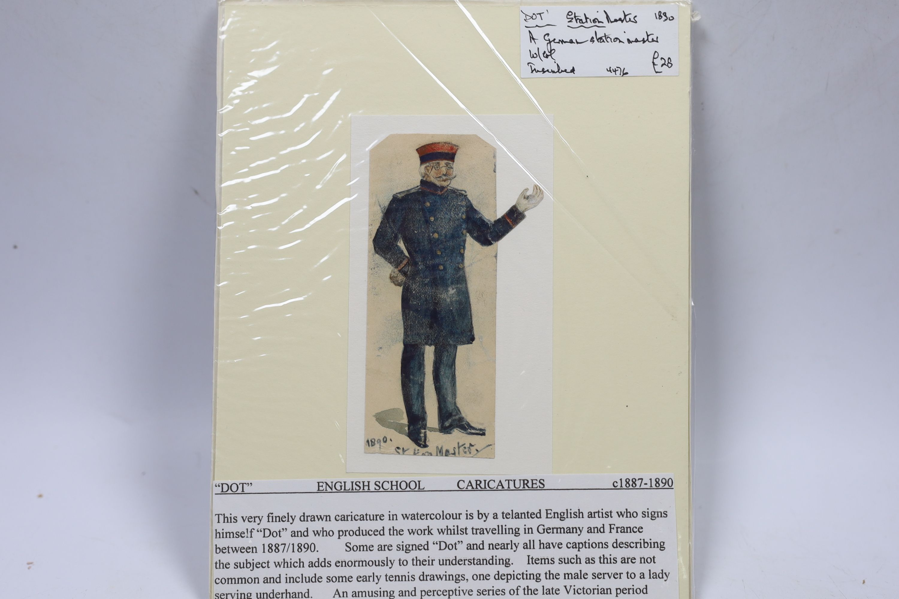 Seven 19th century English School watercolour ‘Dot’ caricatures, including ‘Taking the Aim’ and ‘German Soldier’, some dated and inscribed, each 11.5 x 6cm, unframed